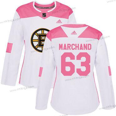 Adidas Dam Boston Bruins #63 Brad Marchand Vit Rosa Autentisk Stitched NHL Tröjor