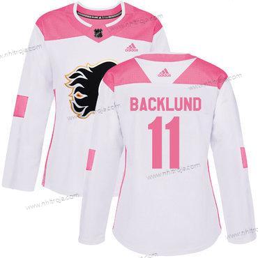 Adidas Dam Calgary Flames #11 Mikael Backlund Vit Rosa Autentisk Stitched NHL Tröjor