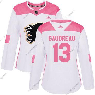 Adidas Dam Calgary Flames #13 Johnny Gaudreau Vit Rosa Autentisk Stitched NHL Tröjor