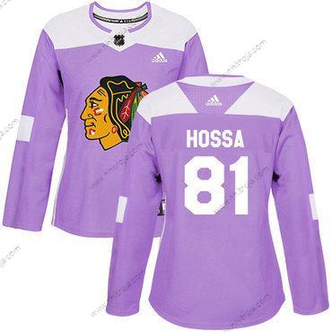 Adidas Dam Chicago Blackhawks #81 Marian Hossa Lila Autentisk Bekämpar cancer Stitched NHL Tröjor