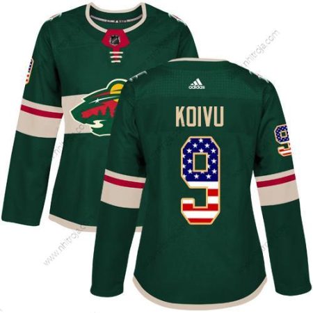 Adidas Dam Minnesota Wild #9 Mikko Koivu Grön Autentisk USA Flag Stitched NHL Hemma Tröjor