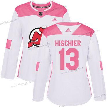 Adidas Dam New Jersey Devils #13 Nico Hischier Vit Rosa Autentisk Stitched NHL Tröjor