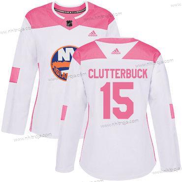 Adidas Dam New York Islanders #15 Cal Clutterbuck Vit Rosa Autentisk Stitched NHL Tröjor