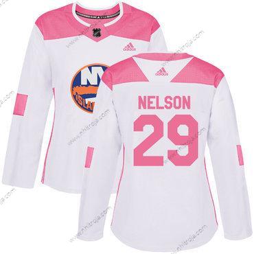 Adidas Dam New York Islanders #29 Brock Nelson Vit Rosa Autentisk Stitched NHL Tröjor