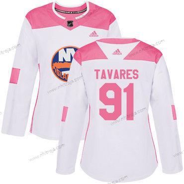 Adidas Dam New York Islanders #91 John Tavares Vit Rosa Autentisk Stitched NHL Tröjor