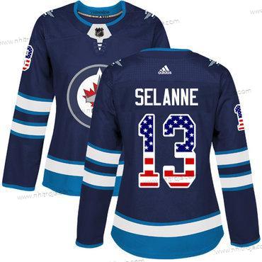 Adidas Dam Winnipeg Jets #13 Teemu Selanne Marin Blå Autentisk USA Flag Stitched NHL Hemma Tröjor