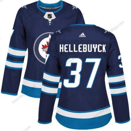 Adidas Dam Winnipeg Jets #37 Connor Hellebuyck Marin Blå Autentisk Stitched NHL Hemma Tröjor