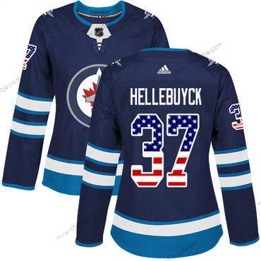 Adidas Dam Winnipeg Jets #37 Connor Hellebuyck Marin Blå Autentisk USA Flag Stitched NHL Hemma Tröjor