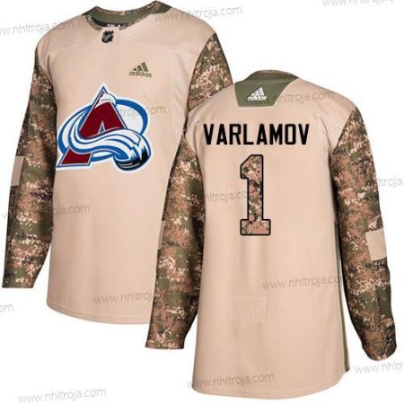 Adidas Herrar Colorado Avalanche #1 Semyon Varlamov Camo Autentisk 2017 Veterans Day Stitched NHL Tröjor