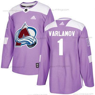 Adidas Herrar Colorado Avalanche #1 Semyon Varlamov Lila Autentisk Bekämpar cancer Stitched NHL Tröjor