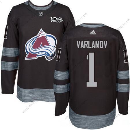 Adidas Herrar Colorado Avalanche #1 Semyon Varlamov Svart 100th Jubileum Stitched NHL 2017 Hockey Tröjor