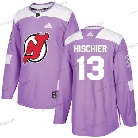 Adidas Herrar New Jersey Devils #13 Nico Hischier Lila Autentisk Bekämpar cancer Stitched NHL Tröjor