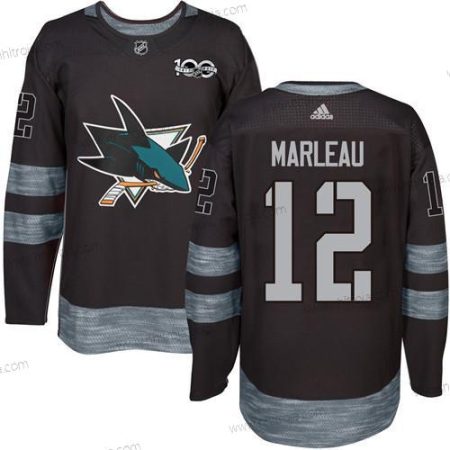 Adidas Herrar San Jose Sharks #12 Patrick Marleau Svart 100th Jubileum Stitched NHL 2017 Hockey Tröjor