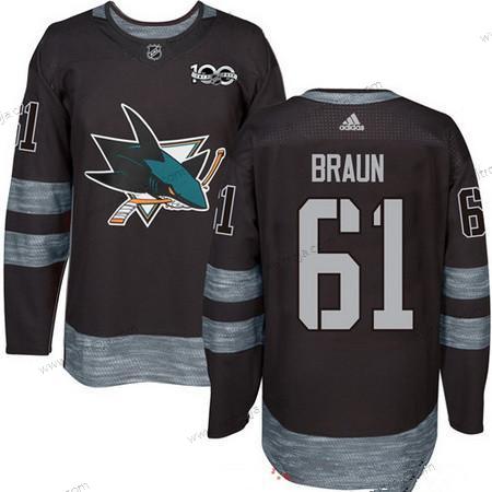 Adidas Herrar San Jose Sharks #61 Justin Braun Svart 100th Jubileum Stitched NHL 2017 Hockey Tröjor