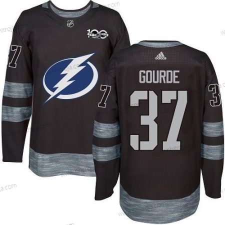 Adidas Herrar Tampa Bay Lightning #37 Yanni Gourde Svart 1917-2017 100th Jubileum Stitched NHL Tröjor