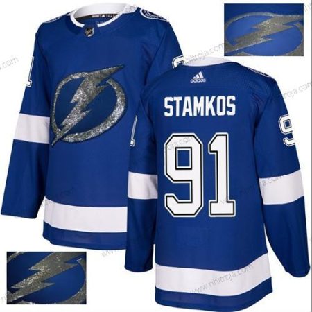 Adidas Herrar Tampa Bay Lightning #91 Steven Stamkos Blå Autentisk Guld Stitched NHL Hemma Tröjor