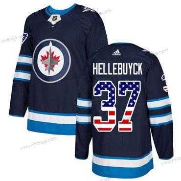 Adidas Herrar Winnipeg Jets #37 Connor Hellebuyck Marin Blå Autentisk USA Flag Stitched NHL Hemma Tröjor