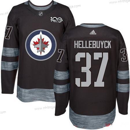 Adidas Herrar Winnipeg Jets #37 Connor Hellebuyck Svart 100th Jubileum Stitched NHL 2017 Hockey Tröjor