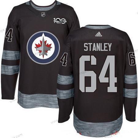 Adidas Herrar Winnipeg Jets #64 Logan Stanley Svart 100th Jubileum Stitched NHL 2017 Hockey Tröjor