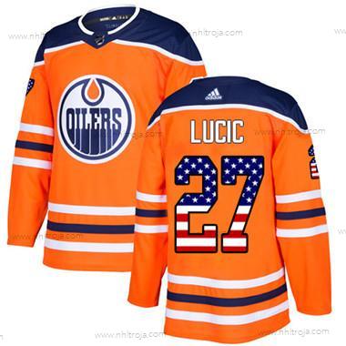 Adidas Ungdomen Edmonton Oilers #27 Milan Lucic Orange Autentisk USA Flag Stitched NHL Hemma Tröjor