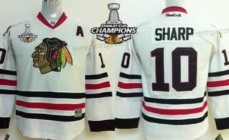 Barn Chicago Blackhawks #10 Patrick Sharp Vit Tröjor W/2015 Stanley Cup Champion Patch