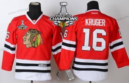 Barn Chicago Blackhawks #16 Marcus Kruger Röd Tröjor W/2015 Stanley Cup Champion Patch