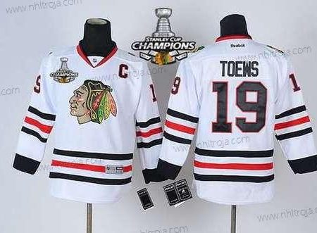 Barn Chicago Blackhawks #19 Janathan Toews Vit Tröjor W/2015 Stanley Cup Champion Patch