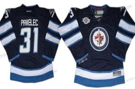 Barn Winnipeg Jets #31 Ondrej Pavelec Marin Blå Tröjor