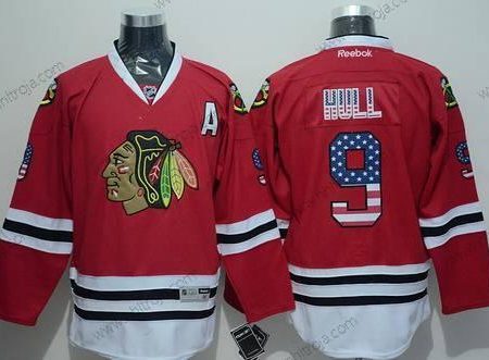 Herrar Chicago Blackhawks #9 Bobby Hull USA Flag Röd Tröjor