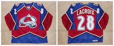 Herrar Colorado Avalanche #28 Eric Lacroix Colorado 1996-97 Röd Blå Avalanche Game Worn Tröjor