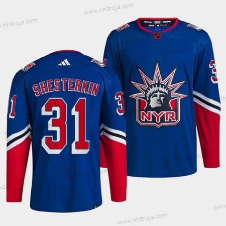 Herrar New York Rangers #31 Igor Shesterkin Blå 2022 Omvänd Retro Stitched Tröjor