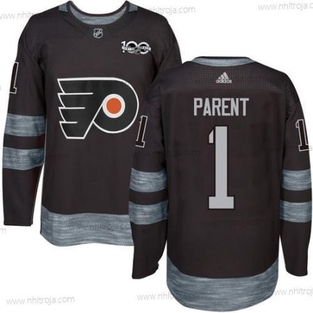 Herrar Philadelphia Flyers #1 Bernie Parent Svart 1917-2017 100th Jubileum Stitched NHL Tröjor