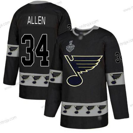 Herrar St. Louis Blues #34 Jake Allen Svart Autentisk Team Logo 2019 Stanley Cup Final Bound Stitched Hockey Tröjor