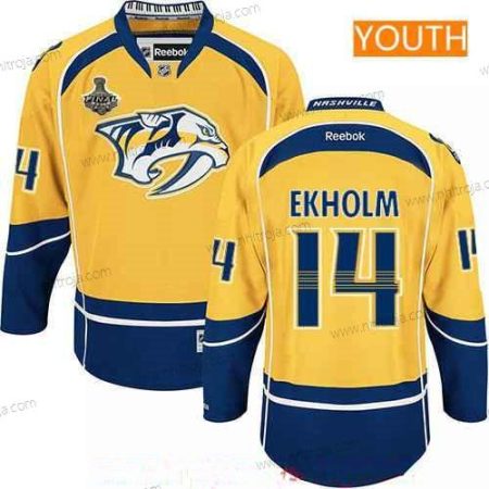 Herrar Ungdomen Nashville Predators #14 Mattias Ekholm Gul 2017 Stanley Cup Finals Patch Stitched NHL Reebok Hockey Tröjor