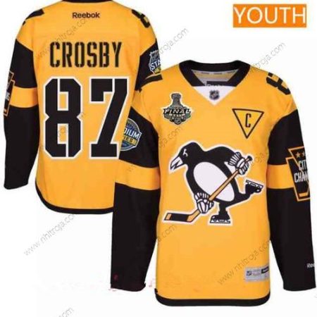 Herrar Ungdomen Pittsburgh Penguins #87 Sidney Crosby Gul Stadium Series 2017 Stanley Cup Finals Patch Stitched NHL Reebok Hockey Tröjor