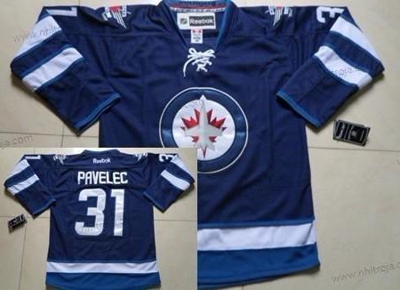 Herrar Winnipeg Jets #31 Ondrej Pavelec Marin Blå Tröjor