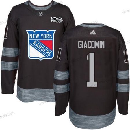 Herrar York New York Rangers #1 Eddie Giacomin Svart 1917-2017 100th Jubileum Stitched NHL Tröjor