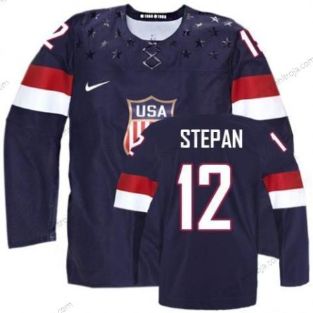 Nike Herrar 2014 Olympics USA #12 Derek Stepan Marin Blå Tröjor