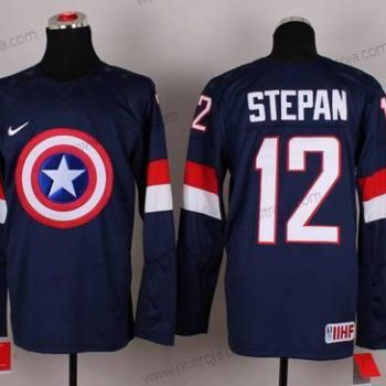 Nike Herrar 2015 Team USA #12 Derek Stepan Captain Amerika Marin Blå Tröjor