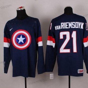 Nike Herrar 2015 Team USA #21 James Van Riemsdyk Captain Amerika Marin Blå Tröjor