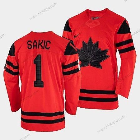 Nike Herrar Kanada Hockey Joe Sakic Röd 2022 Vinter Olympic #1 Guld Winner Tröjor